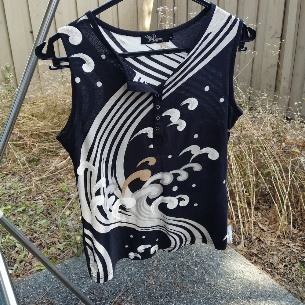 Pagong | Navy Sleeveless Printed and Painted Top